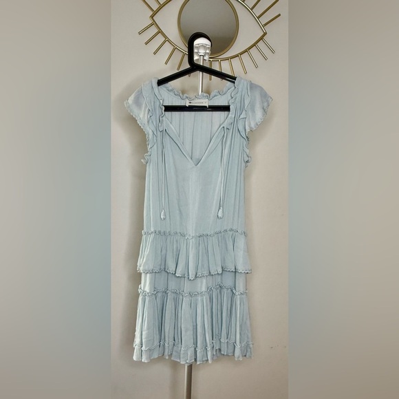 The impeccable pig light blue rayon tiered dress flutter cap sleeves large EUC - Picture 5 of 8